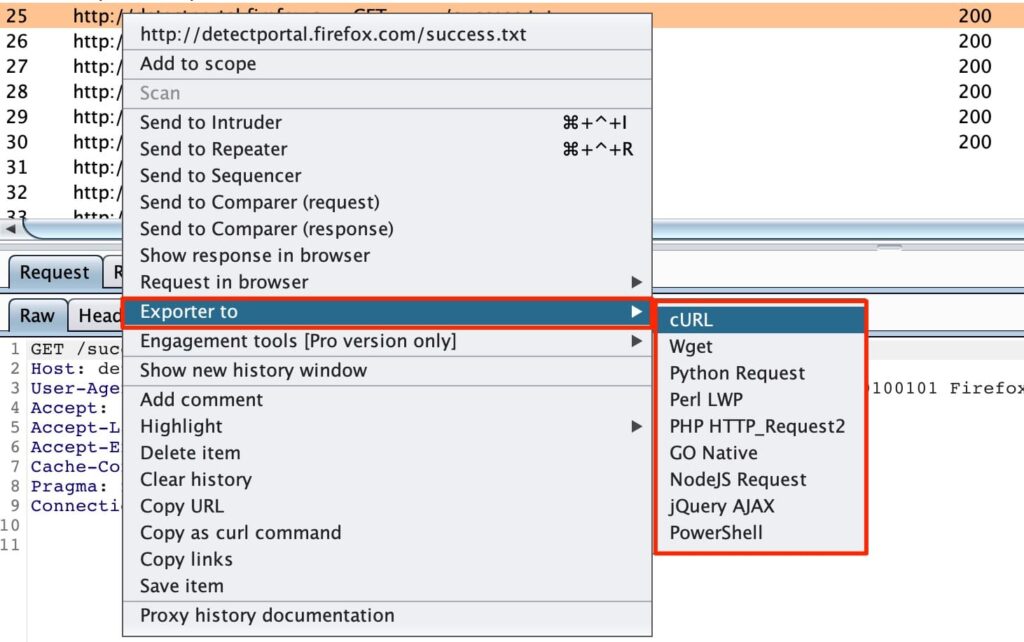Exporter - Burp Suite Extension To Copy a Request To The Clipboard As Multiple Programming Languages Functions