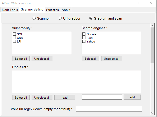 APSoft Web Scanner v2 Dork Scanning settings - Powerful Dork Searcher and Vulnerability Scanner for Windows Platform