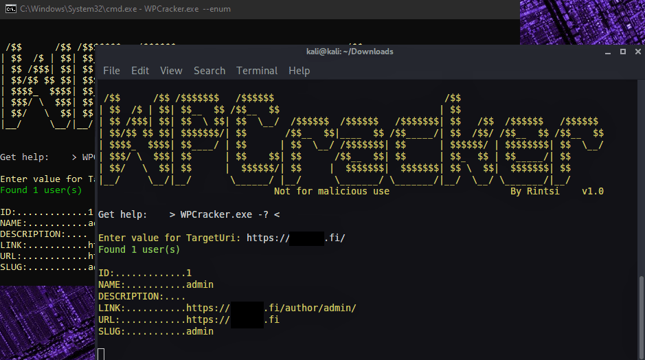 wpcracker - wordpress pentest tool to perform user enumeration and brute force the login panel
