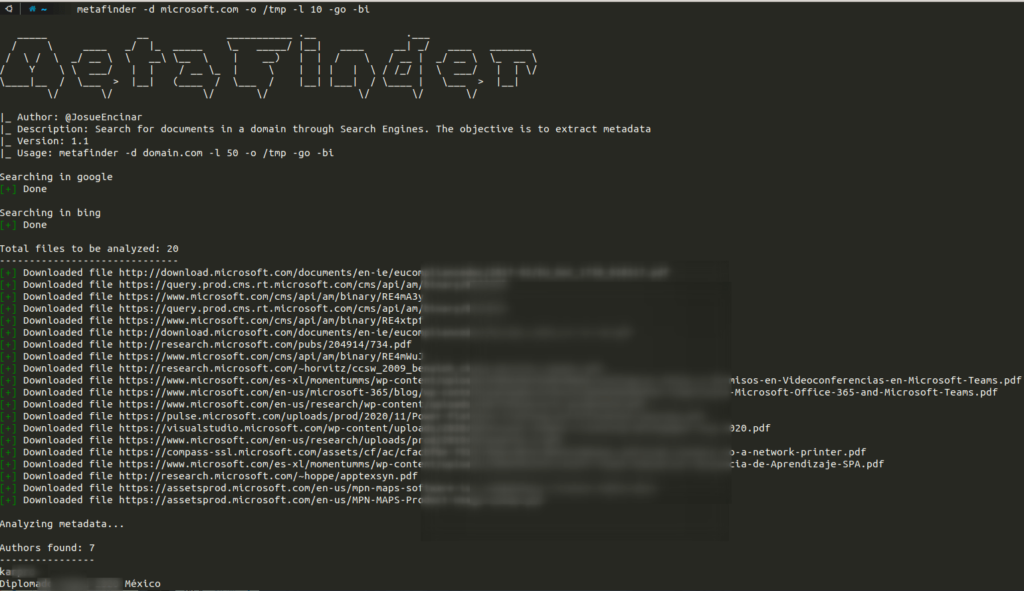 MetaFinder - Tool for Searching Documents in a Domain with search engine google, bing, baidu, yandex
